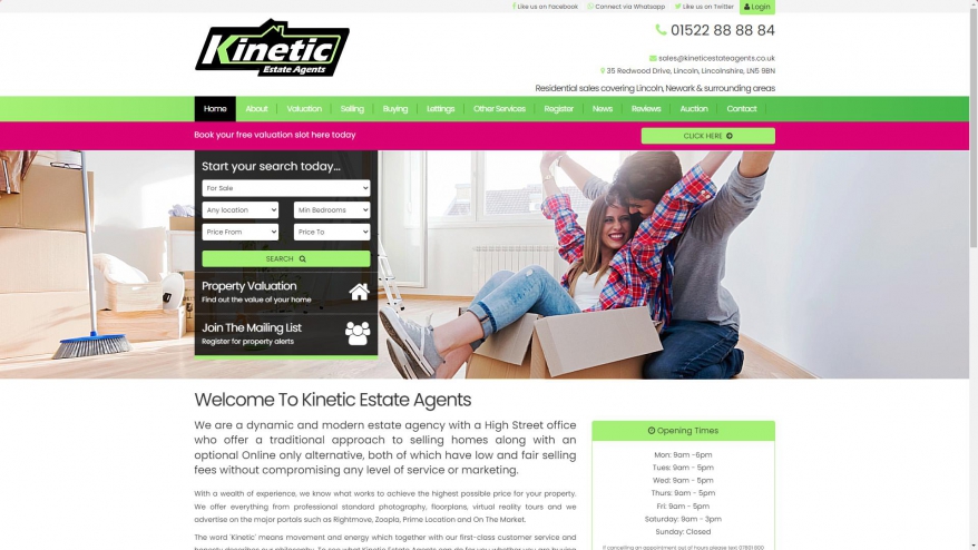 Screenshot of Kinetic Estate Agents - Covering Lincoln, Grantham & Newark website